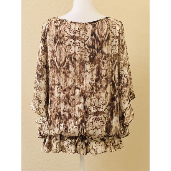 DressBarn Brown Tan Blouse Peekaboo Bell Sleeve Lined Elastic Hip Band Size XL - Picture 2 of 13